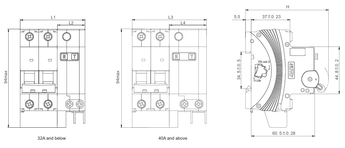 EXB3LE-63 RCBO Dimensions 1P+N to 4P