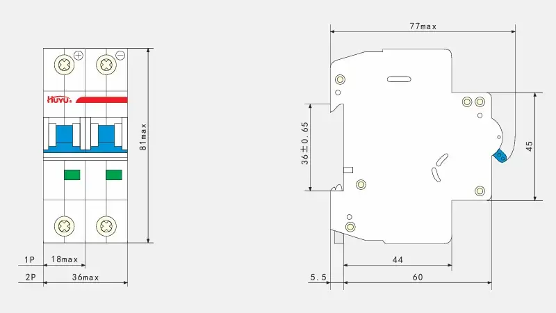 HUM18Z-50 DC MCB Appearance and Dimensions